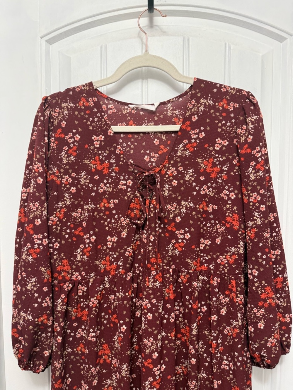 Lush Burgundy Puff Sleeve Ruffle Maxi Dress Cottagecore Size Large (36-6) - Picture 2 of 15